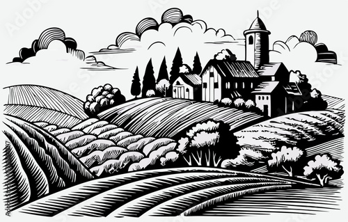 Black and White Rural Village Landscape Illustration