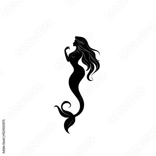 black silhouette of a beautiful mermaid with long hair beautiful, black, flat, hair, long, mermaid, silhouette, woman , Generative art.