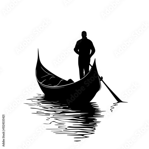 black silhouette of a man standing on a small boat black, boat, gondola, man, person, silhouette, small, stand, water , Generative art.