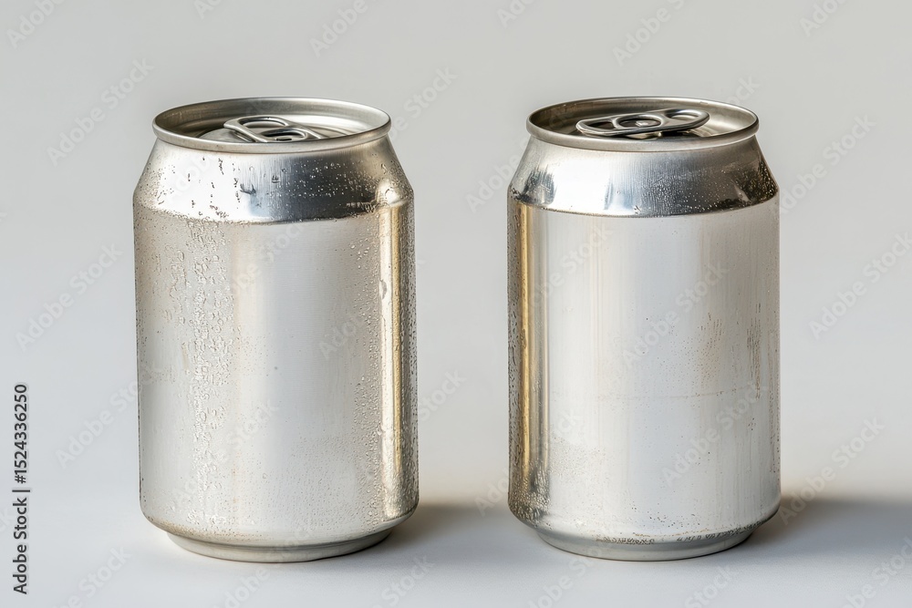 Two blank drink cans, Two empty drink cans positioned side by side on a plain surface Two blank drink cans, Two empty drink cans positioned side by side on a plain surface