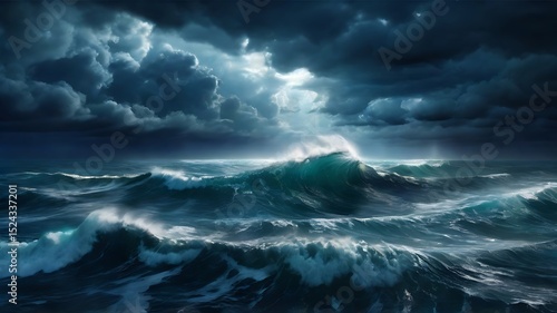 Dramatic stormy sea with large waves under a dark cloudy sky.