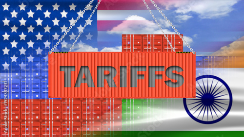 tariffs word on loading container with indian and usa national flag  concept for new regulations in Trade policy. container background with tariffs word.