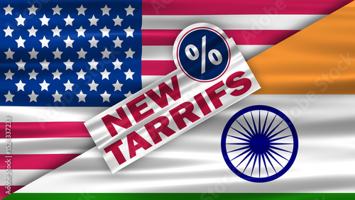 new tariffs on India by the us government concept with waving usa and indian national flag background. import export rules and regulations by government concept.
