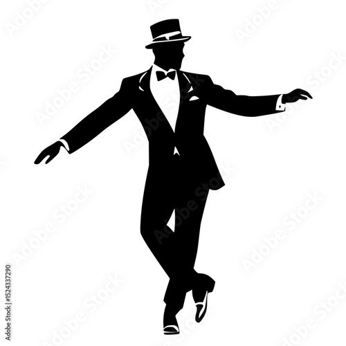 a black silhouette of a man dressed in a tuxedo and top hat, wearing a suit and tie arm, black, dance, dress, hat, man, silhouette, suit, tie, tuxedo, wear , Generative art.