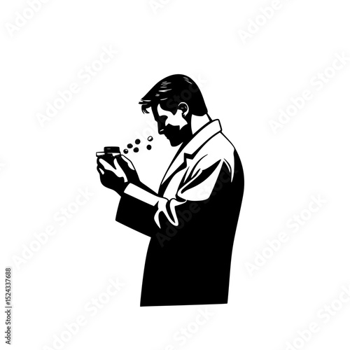 a black and white illustration of a man in a suit smoking a cigarette and holding a pipe black, can, cigarette, hand, hold, illustration, man, phone, pipe, smoke, suit , Generative art.