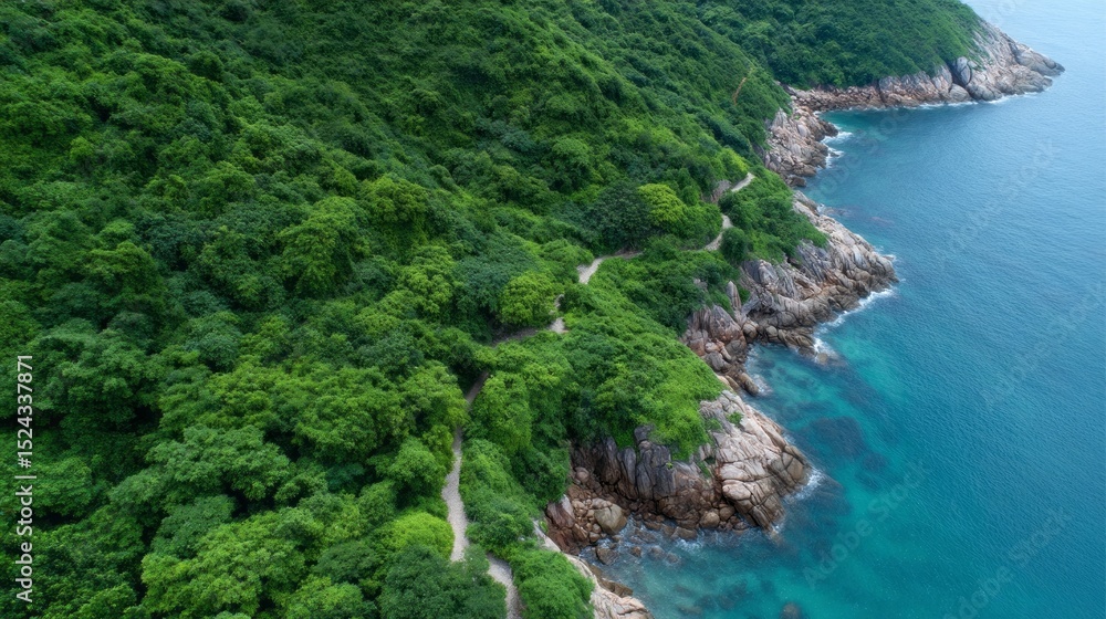 Obraz premium An emerald coastal path winding through lush foliage meets azure whispers of the ocean, evoking Tuvalus joyous Te Ano holiday
