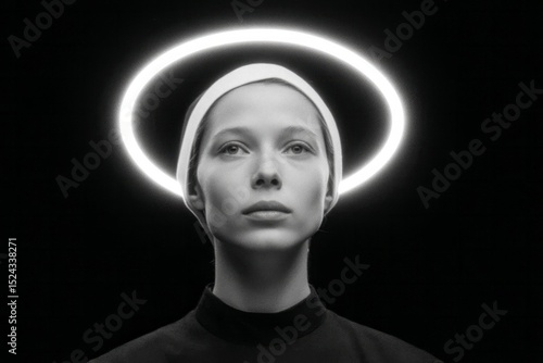 ```A serene Caucasian woman crowned by ethereal light, embodying modern sainthood and enigmatic Lunar New Year symbolism```