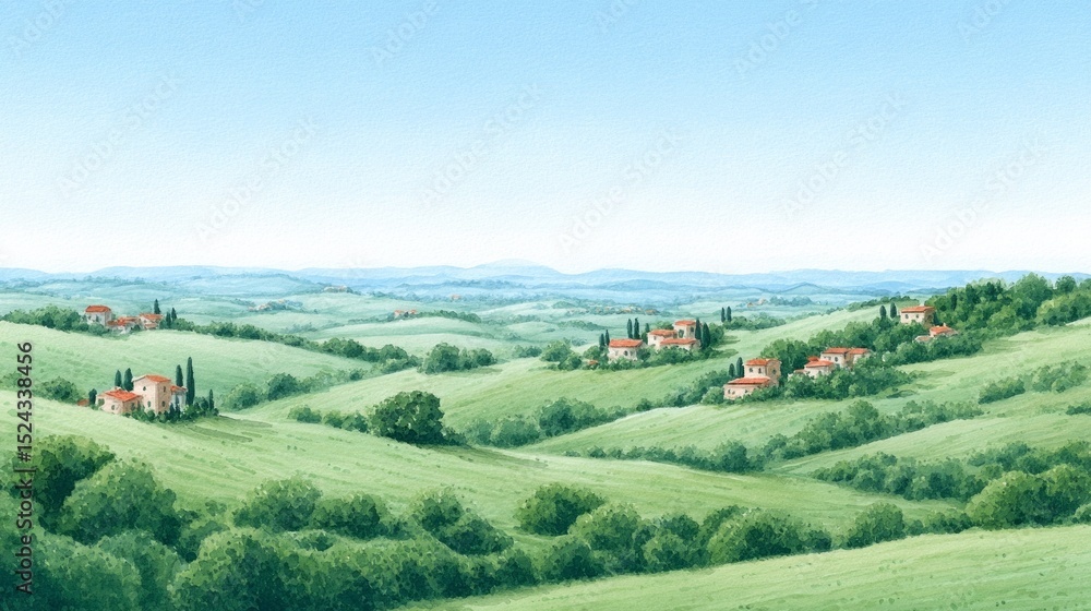 Fototapeta premium Rolling emerald hills embrace quaint terracotta rooftops, evoking Tuscan serenity, perfect for Festa della Repubblica or earth magic meditations