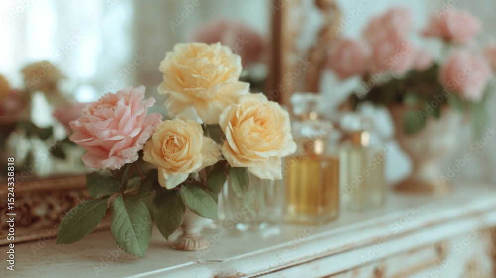 Fototapeta premium Elegant rose reflections in vintage mirror, soft nostalgia, Mother's Day sentiment, Victorian charm, with delicate fragrance allure