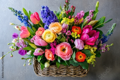 Wallpaper Mural Vibrant Spring Bouquet in Woven Basket, A vibrant spring bouquet featuring colorful flowers arranged in a woven basket, showcasing the beauty of the season Torontodigital.ca