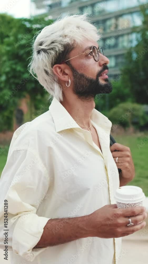 Vertical video, A young man with bleached hair, a beard, glasses, and a shoulder bag walks through a city park while holding a coffee cup. Vertical video, A young man with bleached hair, a beard, glasses, and a shoulder bag walks through a city park while holding a coffee cup.