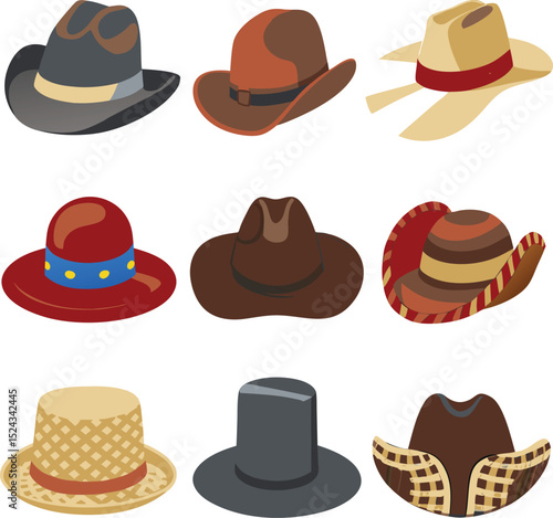 Collection of Nine Cartoon Hats of Different Styles and Colors on White