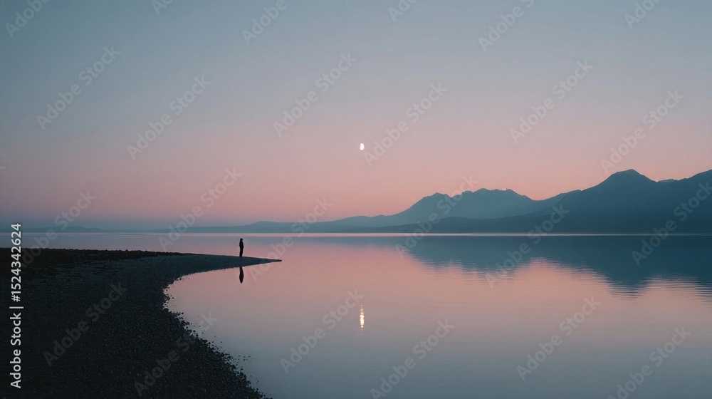 Fototapeta premium Solitary silhouette embraces twilight serenity over mirrored lake, evoking Lunar New Year, introspective solitude, and zen contemplation
