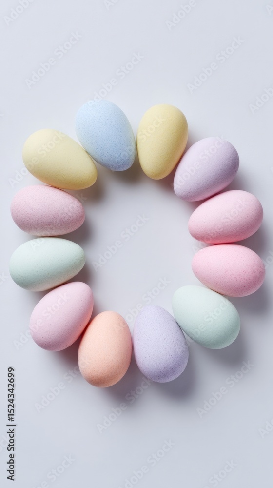 Pastel eggs form a circular harmony, whispering tales of Ostara rebirth and whimsical Easter celebrations Pastel eggs form a circular harmony, whispering tales of Ostara rebirth and whimsical Easter celebrations