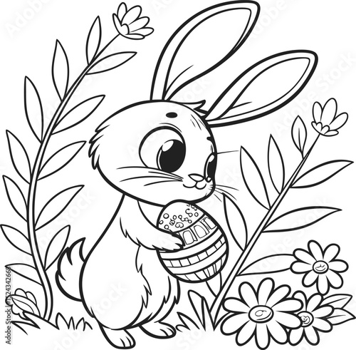 a4 colouring page bunny painting an easter egg. ready to print on standard A4 paper bunny and eggs easy coloring page in A4 size, cute cartoon Easter anima