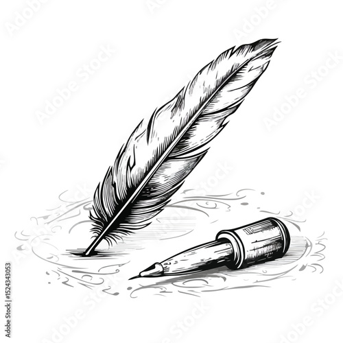 Elegant Feather, Inkwell, and Pen Vector Illustration for Professional Writing Tools and Stationery