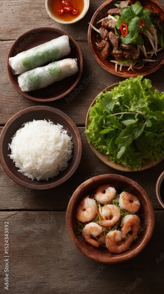 Colorful Vietnamese feast of shrimp, rice paper rolls, and greens, celebrating Tet and the art of communal dining Colorful Vietnamese feast of shrimp, rice paper rolls, and greens, celebrating Tet and the art of communal dining