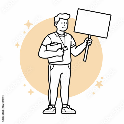 Athletic coach holding clipboard and blank sign.  Sports instructor with notepad and empty placard ready for your message.  Fitness trainer showcasing copy space for announcements or promotions.