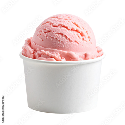 Strawberry ice cream in a white cup; PNG