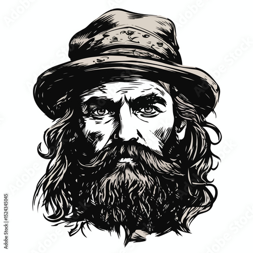 Detailed Vector Illustration of an Irish Man's Face in Black and White