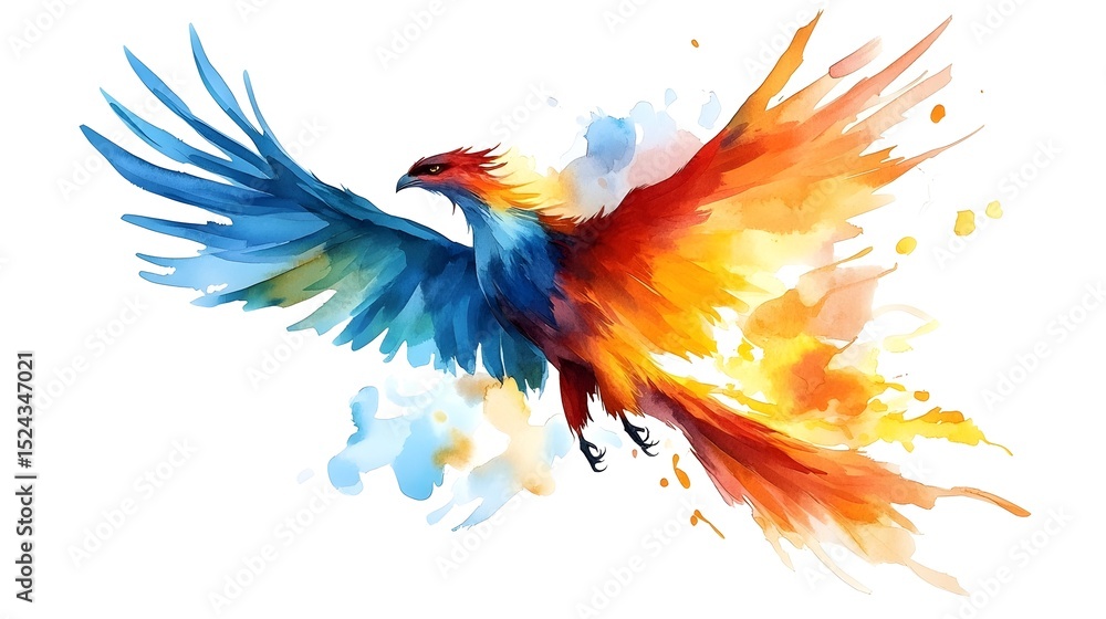 Obraz premium Watercolor phoenix in flight, vibrant blue and orange plumage, dynamic pose, splash background