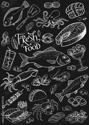 Vintage restaurant menu prepared with chalkboard hand-drawn menu. Usable detailed vector illustrations.