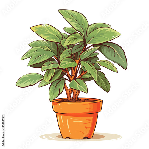 Modern and Minimalist Vector Illustration of a Plant in Pot with Orange Lines Isolated on White Background