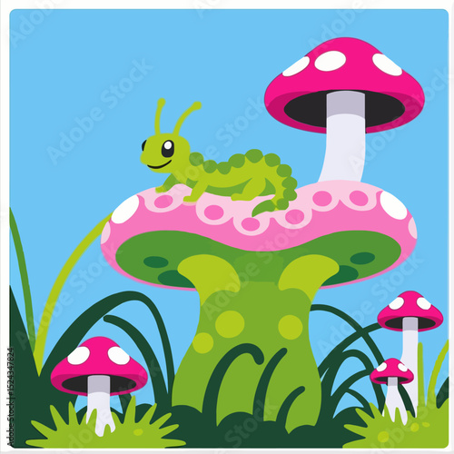 Cartoon Caterpillar on Mushroom Illustration - Whimsical Forest Scene with Colorful Toadstools - Children's Art for Storybooks and Educational Resources