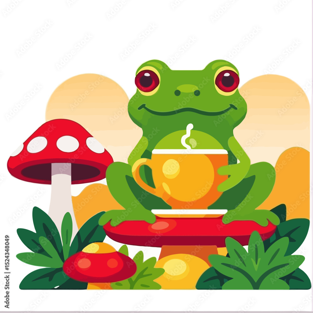 Cute Frog Illustration-Smiling Green Frog with Coffee Cup-Mushroom Meadow Scene-Whimsical Cartoon Frog Art-Adorable Amphibian Graphic-Ideal for Children's Designs Cute Frog Illustration-Smiling Green Frog with Coffee Cup-Mushroom Meadow Scene-Whimsical Cartoon Frog Art-Adorable Amphibian Graphic-Ideal for Children's Designs