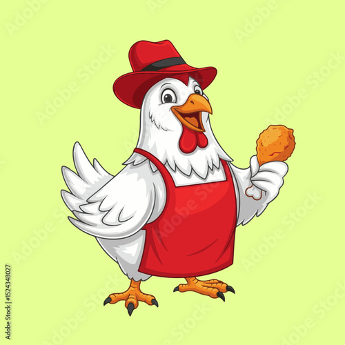 Cartoon Chicken Farmer Wearing Red Hat Holding Drumstick Vibrant Character