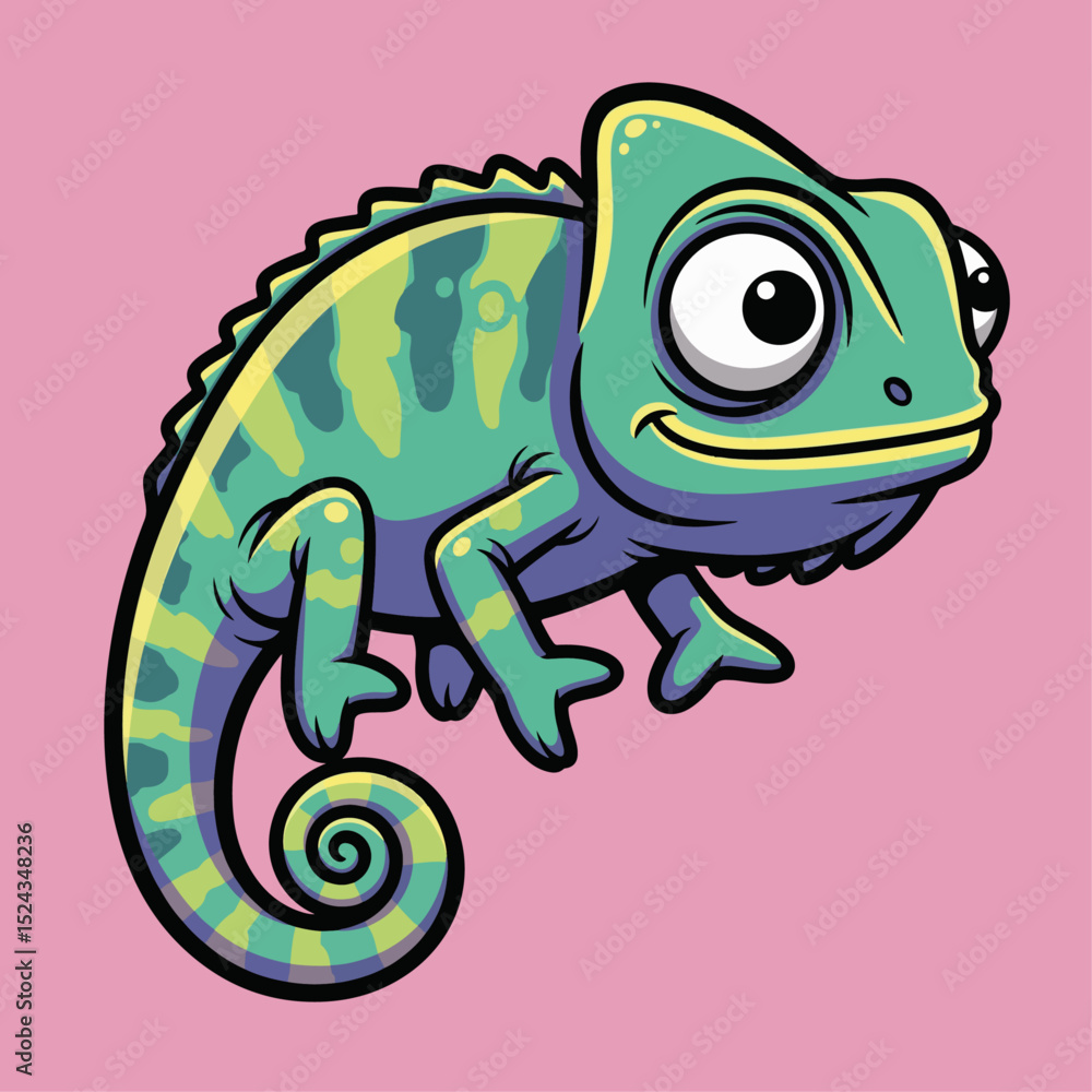Fototapeta premium Colorful chameleon with large eyes and vibrant patterns in a playful design