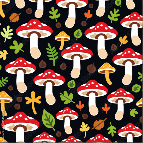 Mushroom Mania Seamless Pattern on Black-Whimsical Toadstool Design-Cute Forest Fungi-Perfect for Fabrics Crafts Scrapbooking and Woodland Theme Decor