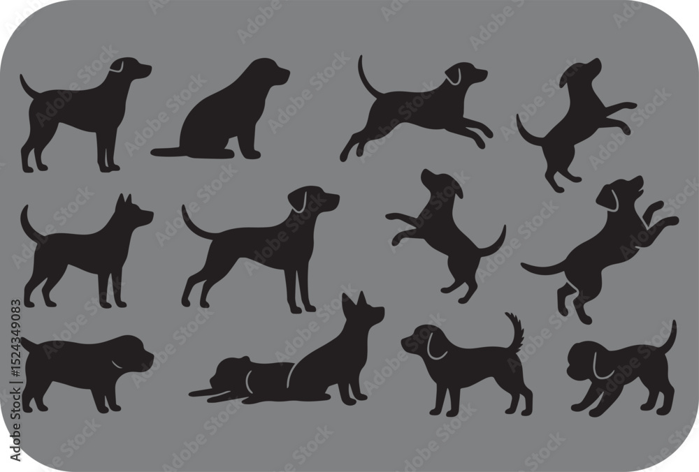Fototapeta premium Various Dog Silhouettes in Different Poses on a Gray Background collection black silhouette dog shapes various poses including standing sitting and jumping