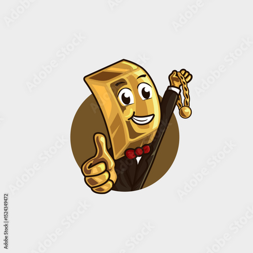 cute cartoon mascot logo of a gold bar man cheerfully offering gold