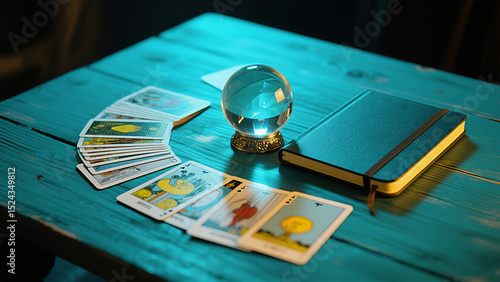 An overhead view of a clear blue crystal ball, a fanned deck of tarot cards (possibly 