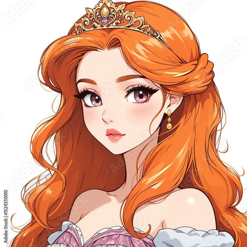 Anime Princess With Long Red Hair Adorned With Tiara, Wearing An Elegant Gown And Serene Expression.eps