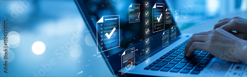 Document management concept, check electronic documents on digital documents on virtual screen Document Management System and process automation to efficiently document paperless operate