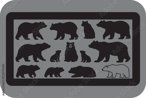 Bear Silhouettes in a Rectangular Frame with Rounded Corners Featuring a Variety of Bear Poses and a Contrasting Polar Bear Outline This