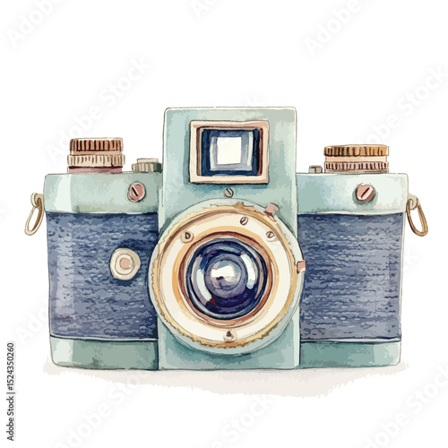 Watercolor Illustration of a Vintage Camera with Detailed Features