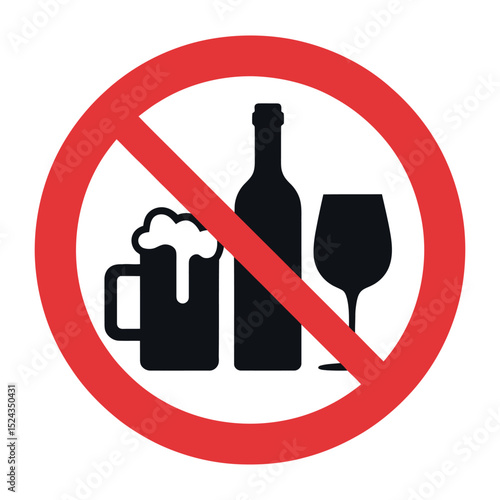 Prohibition Sign Featuring Beer Mug Wine Bottle and Wine Glass with a Red Circle and Slash Indicating No Alcohol Allowed red prohibition