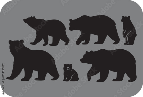 Black Bear Silhouettes on Gray Background Displaying Various Poses and Sizes Including Cubs and Standing Bears in a Flat Vector Style This