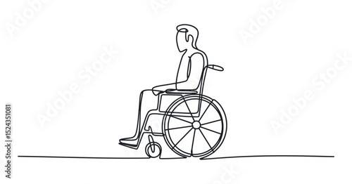 Continuous Line Drawing of a Person in a Wheelchair Illustrating Accessibility Disability Awareness and Support for Individuals with Mobility Challenges on a White Background
