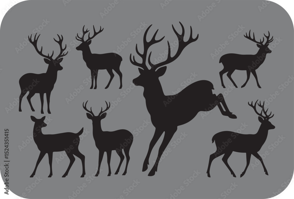 Fototapeta premium Silhouette of Graceful Deer A Collection of Black Deer Silhouettes on a Soft Gray Background with Rounded Corners This image features collection