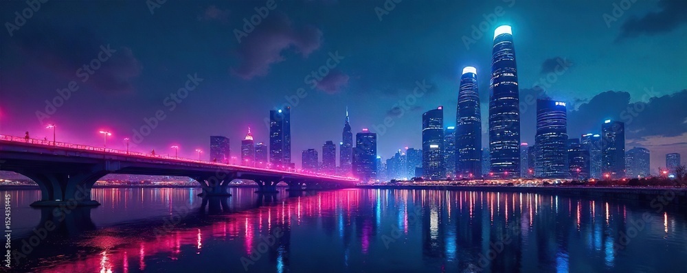 Fototapeta premium Futuristic cityscape at night, towering skyscrapers with vibrant neon lights reflecting on sleek, modern architecture , glowing lights, technological advancement