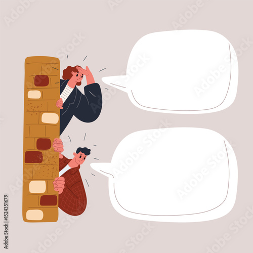 Cartoon vector illustration of two people spying from both sides of a wall with empty speech bubble as concept of secrecy and curiosity