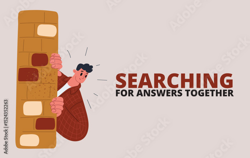 Cartoon vector illustration of a man secretly looking out with a blank speech bubble, expressing curiosity and anticipation