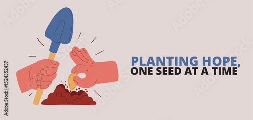 Cartoon vector illustration of a hand sowing seeds into soil with a trowel, symbolizing nurturing growth and new beginnings