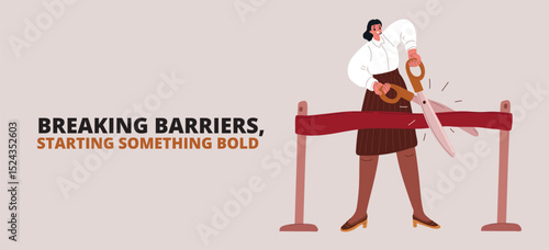 Cartoon vector illustration of a woman inaugurating an event by cutting a ribbon, symbolizing new beginnings and celebration