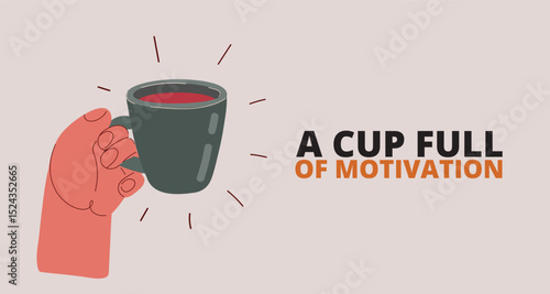 Cartoon vector illustration of a hand holding a coffee mug, symbolizing motivation, energy boost, and productivity