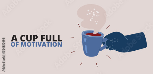 Cartoon vector illustration of a hand holding a steaming coffee mug, representing inspiration and a fresh start to the day